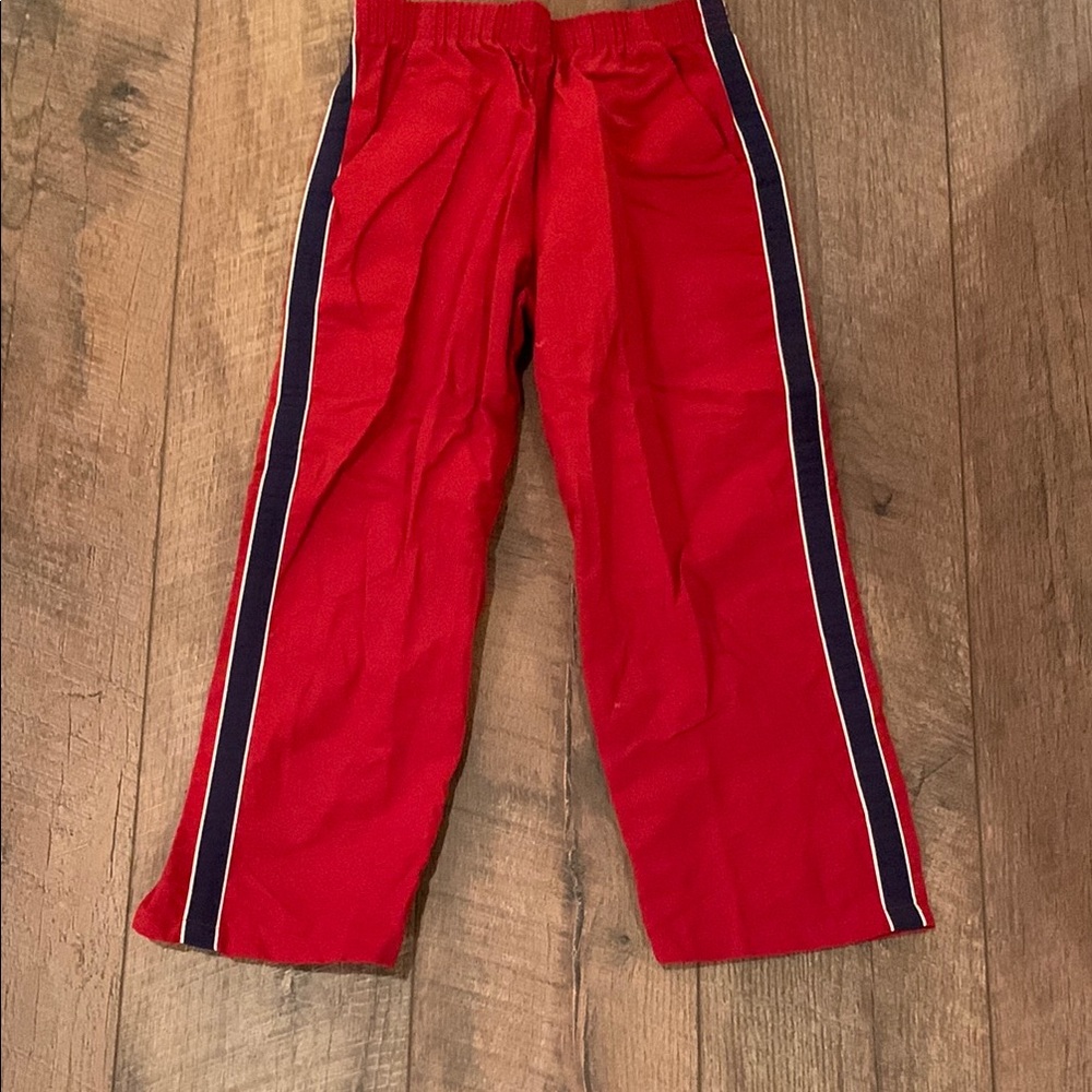 Red Track Pants with Blue Stripes